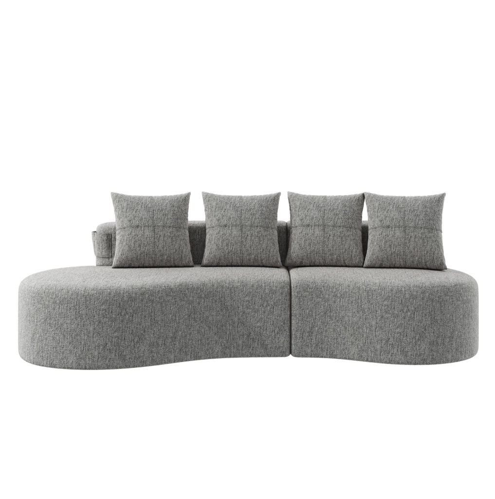 Divano 240x109 cm grigio chiaro in lino con 4 cuscini e portabevande