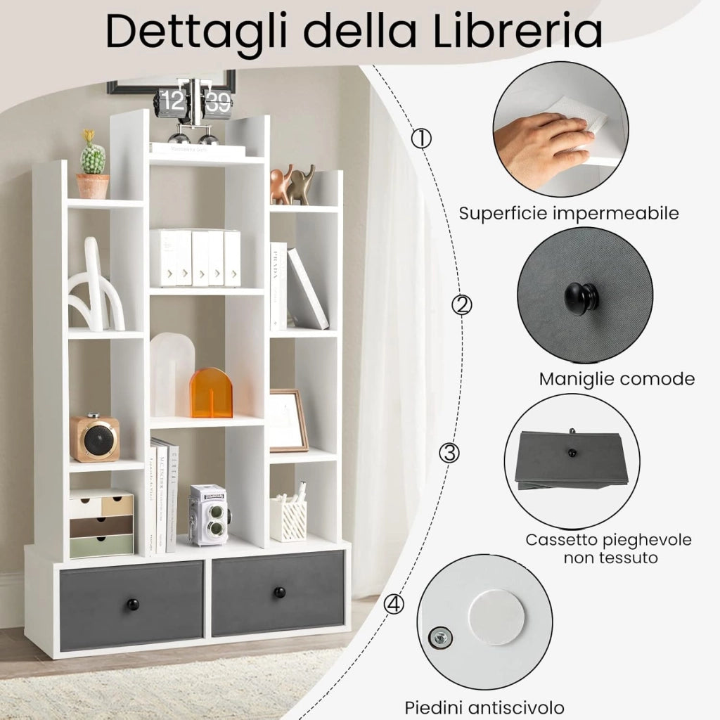 Libreria in Legno a 12 Piani, Scaffale Multifunzionale con 2 Cassetti e 12 Scomparti, Scaffale Espositivo per Soggiorno Studio Ufficio, 80x24x132 cm (Bianco, 2 cassetti)