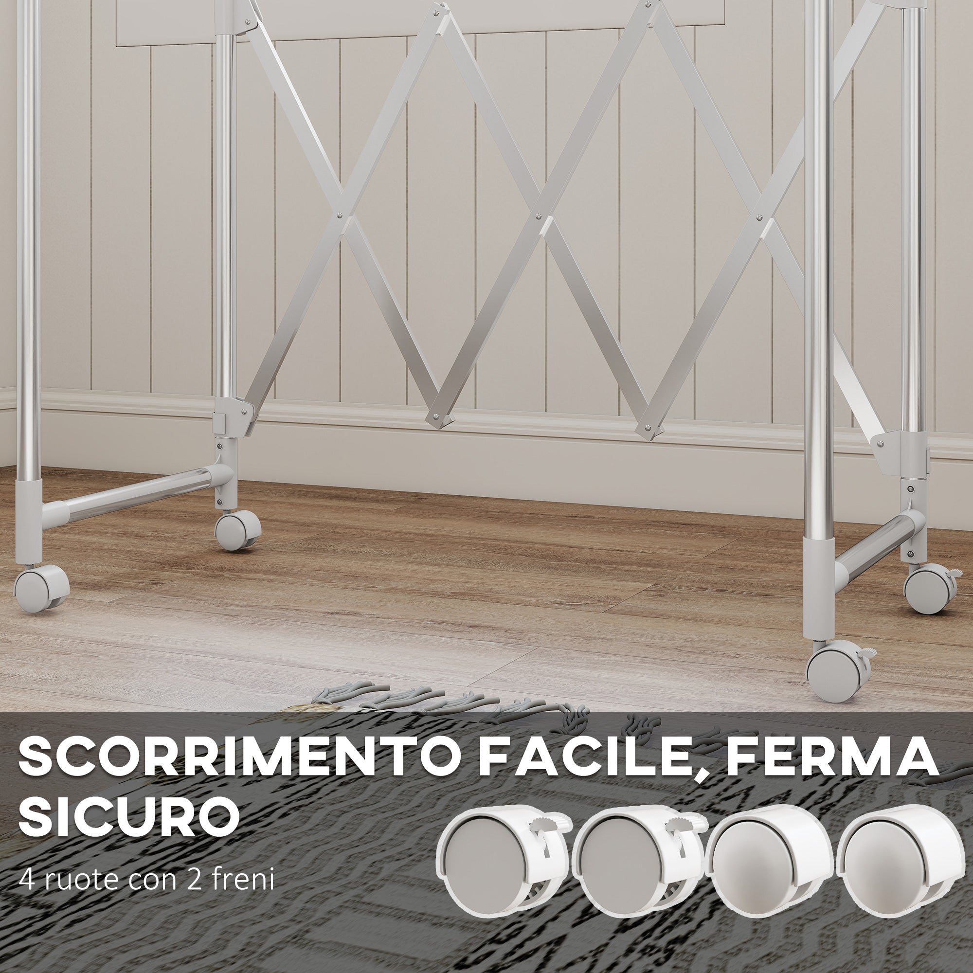 Stendibiancheria Pieghevole con 3 Barre Regolabili Ruote Girevoli e Struttura in Acciaio Inox Argento