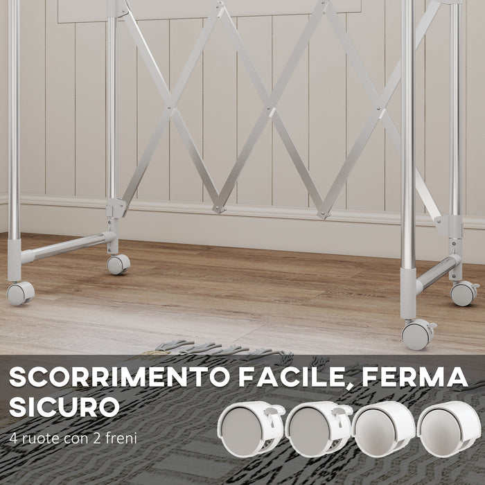 Stendibiancheria Pieghevole con 3 Barre Regolabili Ruote Girevoli e Struttura in Acciaio Inox Argento