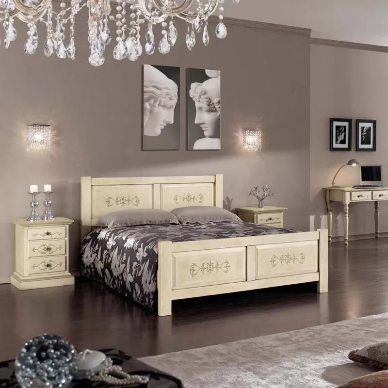 Letto  dritto matrimoniale shabby avorio antico decoro verde  173x209x107 (1472) - Mobili 2G