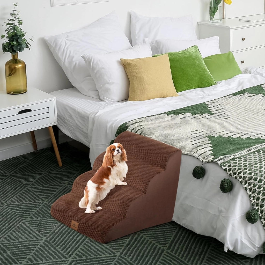 Scaletta per Cani a 4 Gradini in Spugna, Rampa per Animali Copertura Rimovibile e Lavabile Antiscivolo con Spazzola, Scala per Divano e Letto, per Cuccioli e Anziani, 72 x 41 x 51 cm (Marrone)