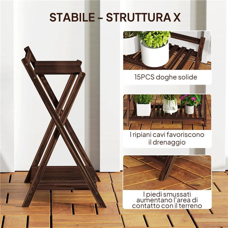 SET 2 PORTAPIANTE A 2 LIVELLI CON DESIGN A DOGHE IN LEGNO DI ABETE 73X36X64 CM MARRONE BRUCIATO