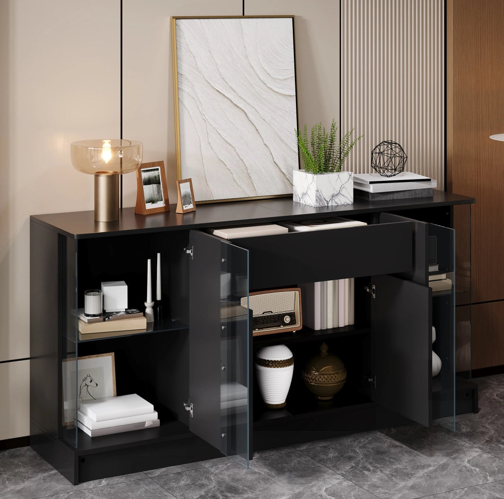 Credenza moderna con 2 vetrine in vetro; LED con app; 150x40x75 cm; nero