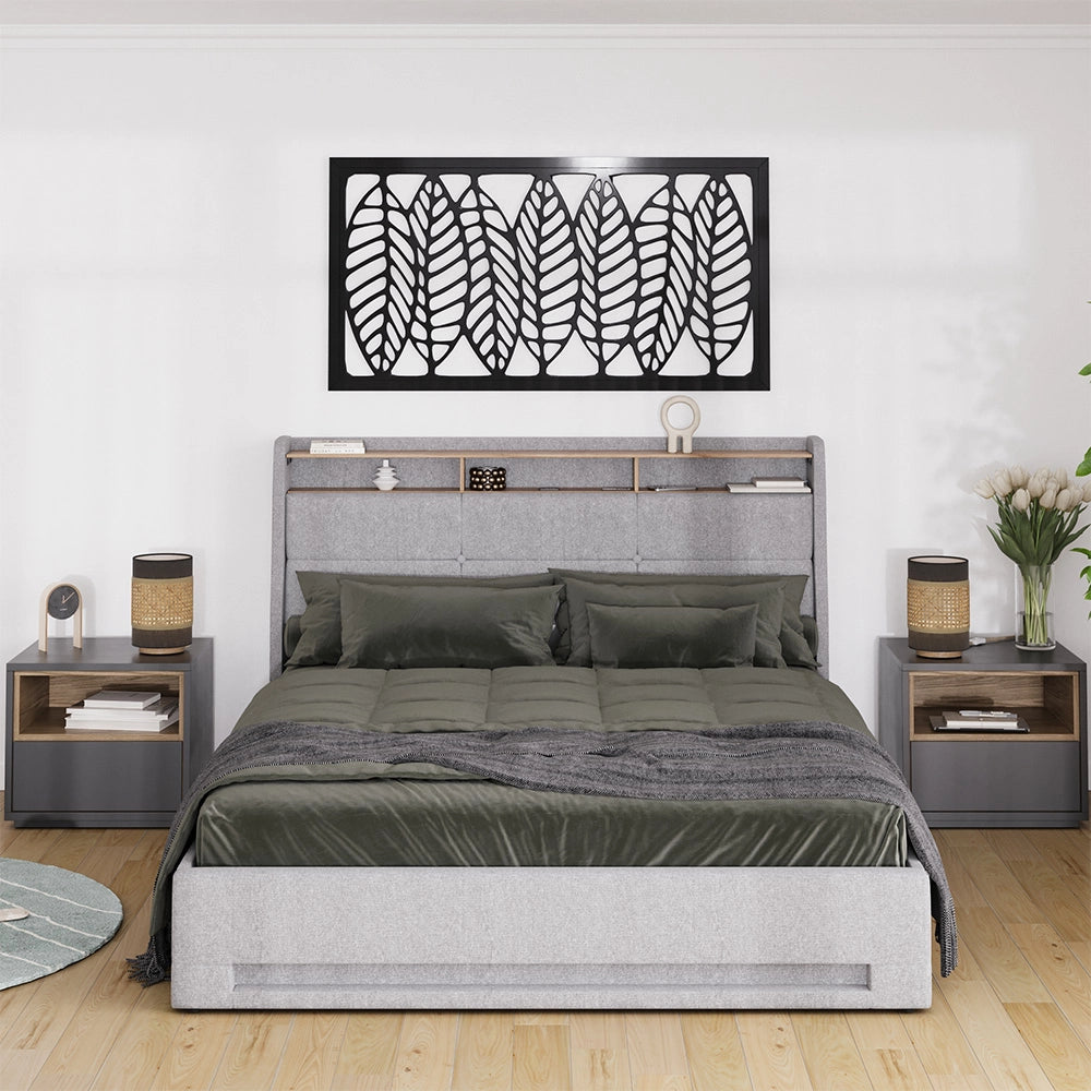 Vitalispa Letto imbottito Grigio/quercia 160x200 con LED, porta USB e materasso