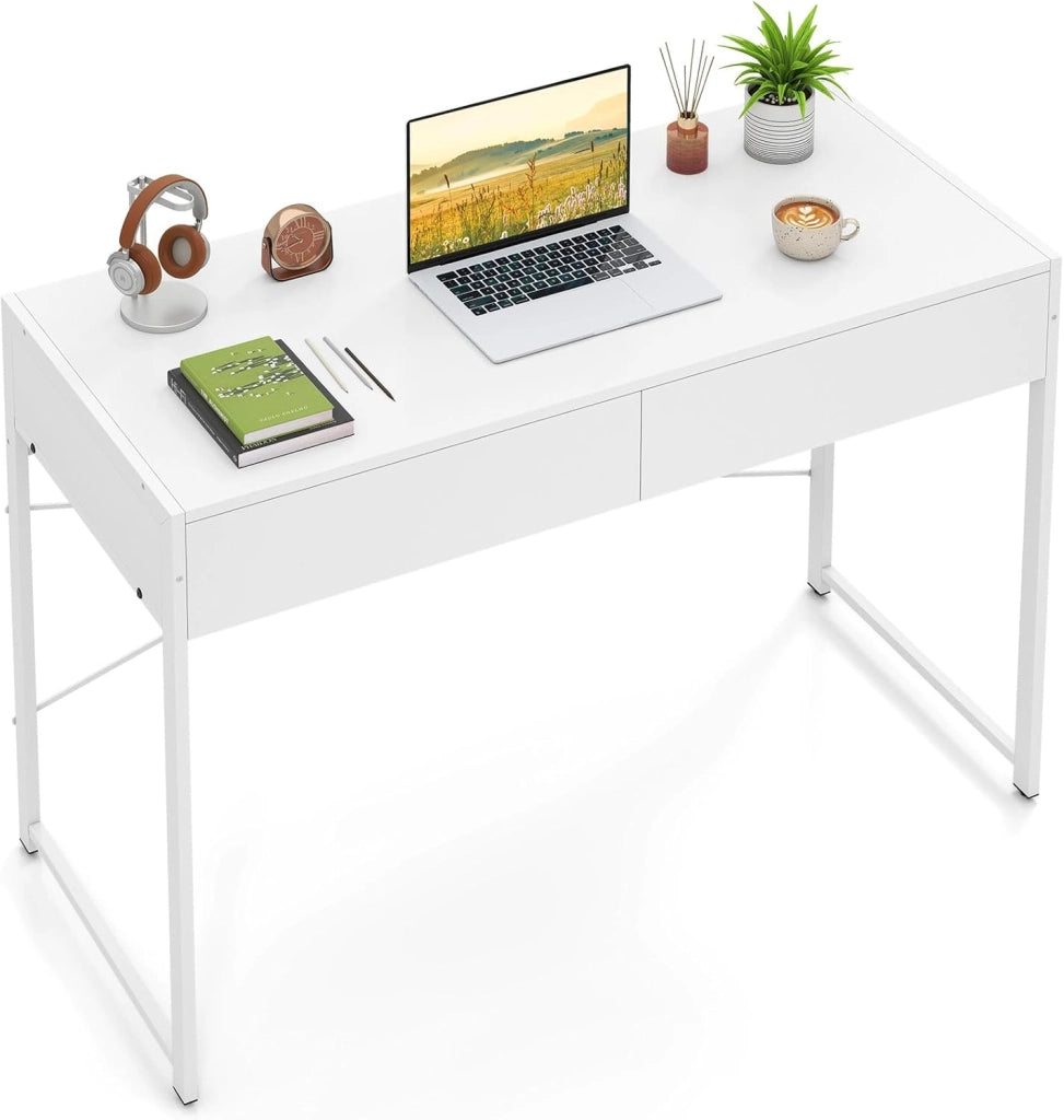 Scrivania per Computer con 2 Cassetti, Scrivania Porta PC con Telaio in Metallo e Legno, Posizione da Lavoro per Studio e Ufficio, Portata 100 kg, 112 x 48 x 76 cm (Nero)