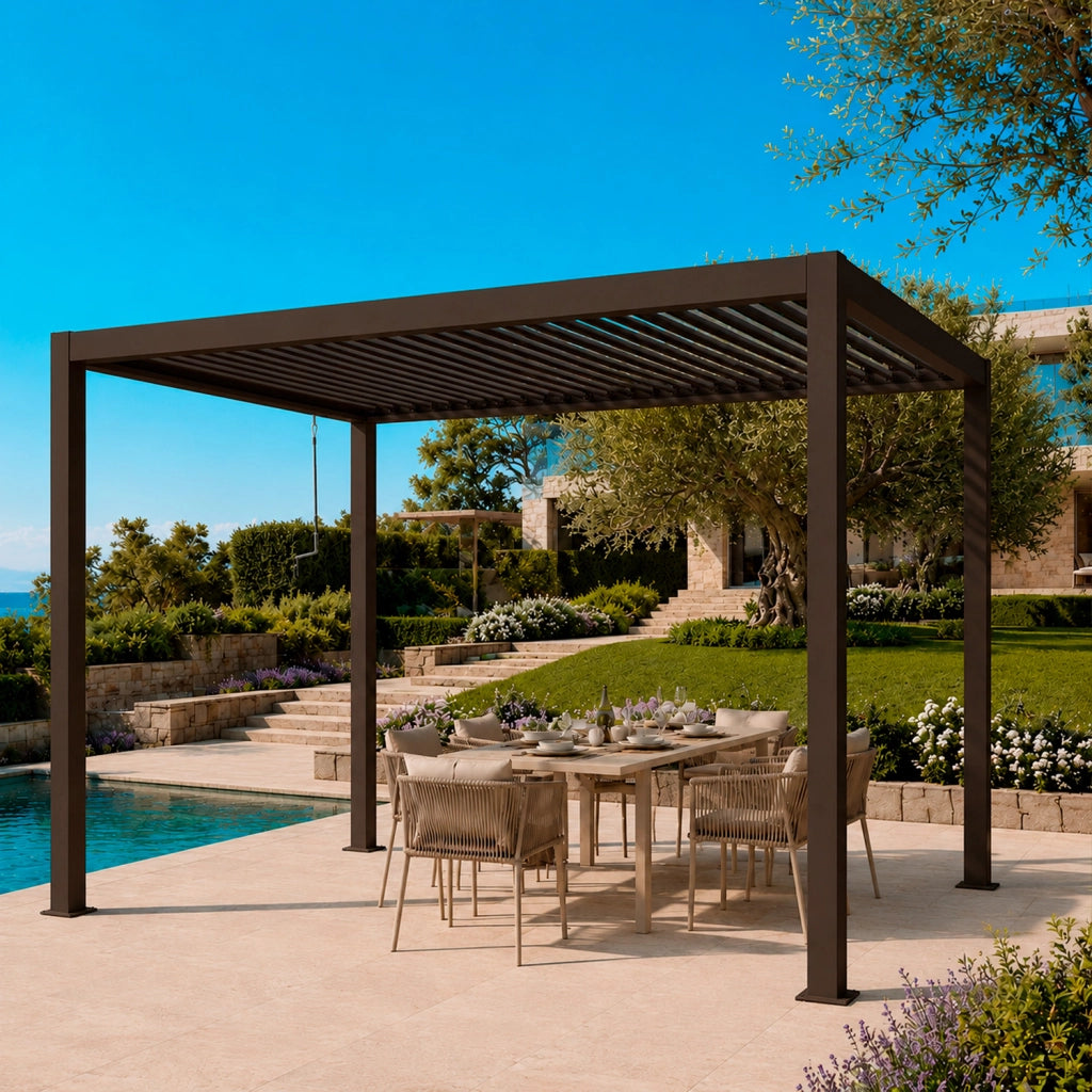 Gazebo Pergola Bioclimatica Con Lamelle Regolabili Sistema Di Deflusso Dell Acqua Struttura In Alluminio E Acciaio Resistente Ai Raggi UV Ideale Per Giardino Terrazza E Piscina 3x4 Metri Marrone Opaco