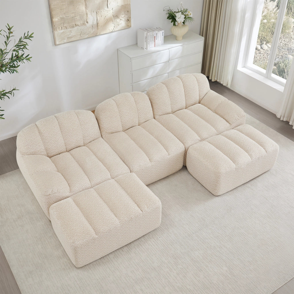Divano angolare modulare 3 posti con 2 pouf; configurazione a U o L; pile granulare beige bianco