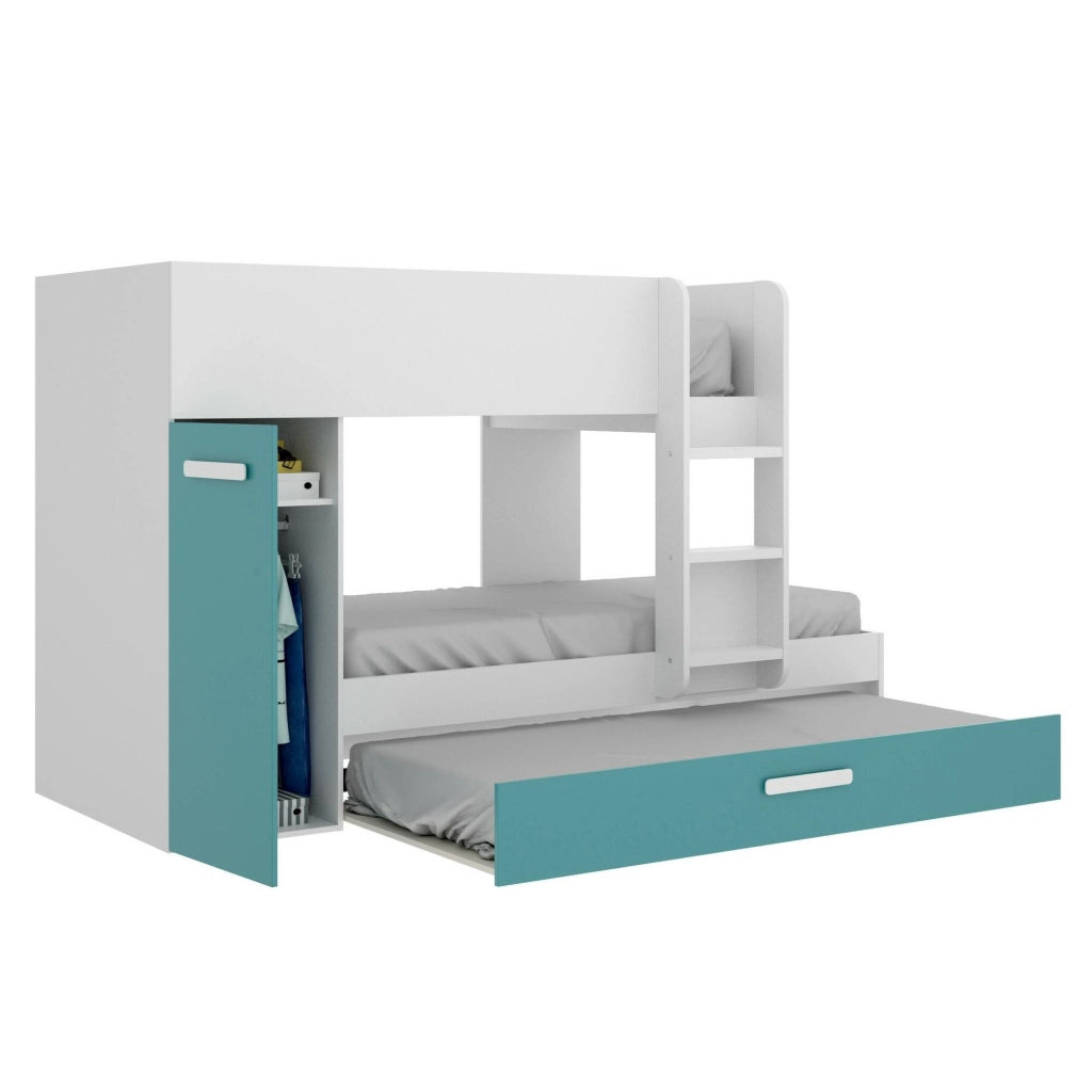 Composizione camera da letto Hikaa, Stanza da letto completa, Cameretta per bambini, Set per arredo a ponte, 244x112 h150 cm, Azzurro e Bianco