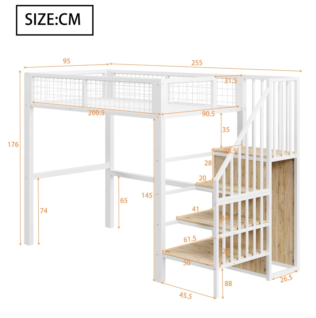 Letto a soppalco ULEVR 90x200 cm con scala, guardaroba e sponde di sicurezza, metallo e MDF bianco
