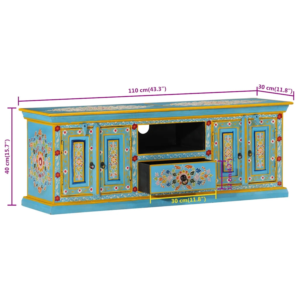 Mobile Porta TV Blu 110x30x40 cm in Legno Massello di Mango