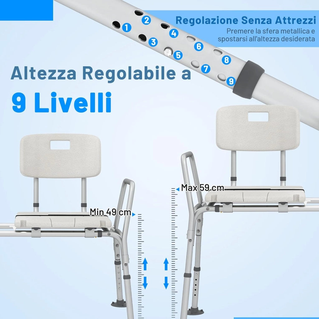 Sedia per Doccia Anziani con Posizione e Altezza Regolabili 105 x 49 x 85-95 cm, Sgabello per Vasca da Bagno con Schienale, Braccioli e Cintura di Sicurezza per Donne Incinte (Modello 1)