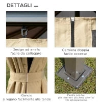 Gazebo da Giardino 3x3m con Tetto in Policarbonato e Zanzariere, Caffè e Khaki