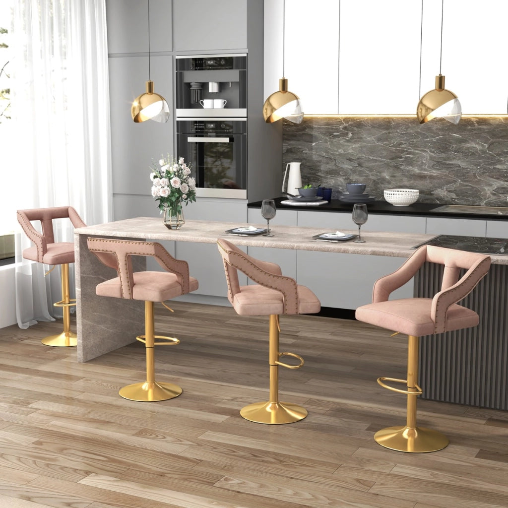 Set di 2 sedie da bar in velluto olandese per casa, Sgabelli da bar girevole regolabile con poggiapiedi Rosa-Sgabelli da bar
