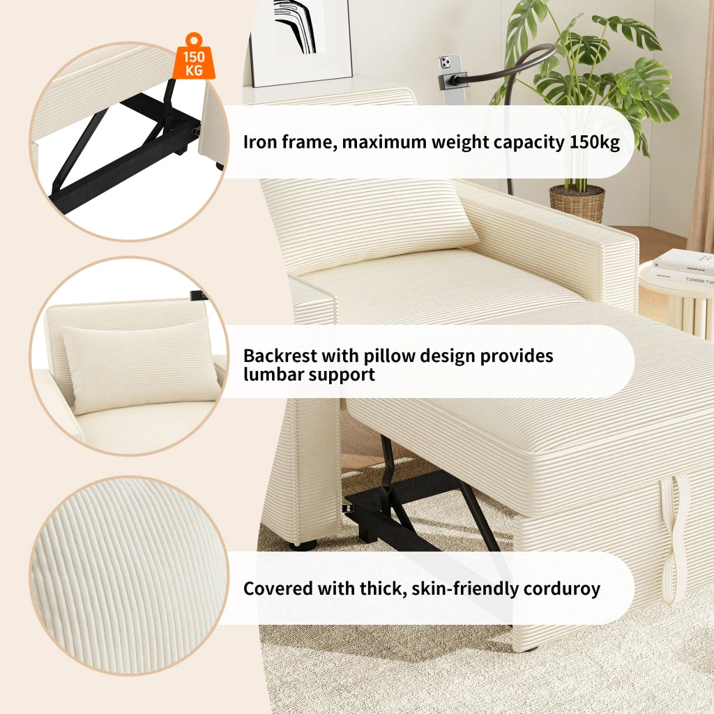 Poltrona Letto Reclinabile con Porta USB ¨C MINIMAL ¨C Tessuto Cord, Beige, 1 Posto