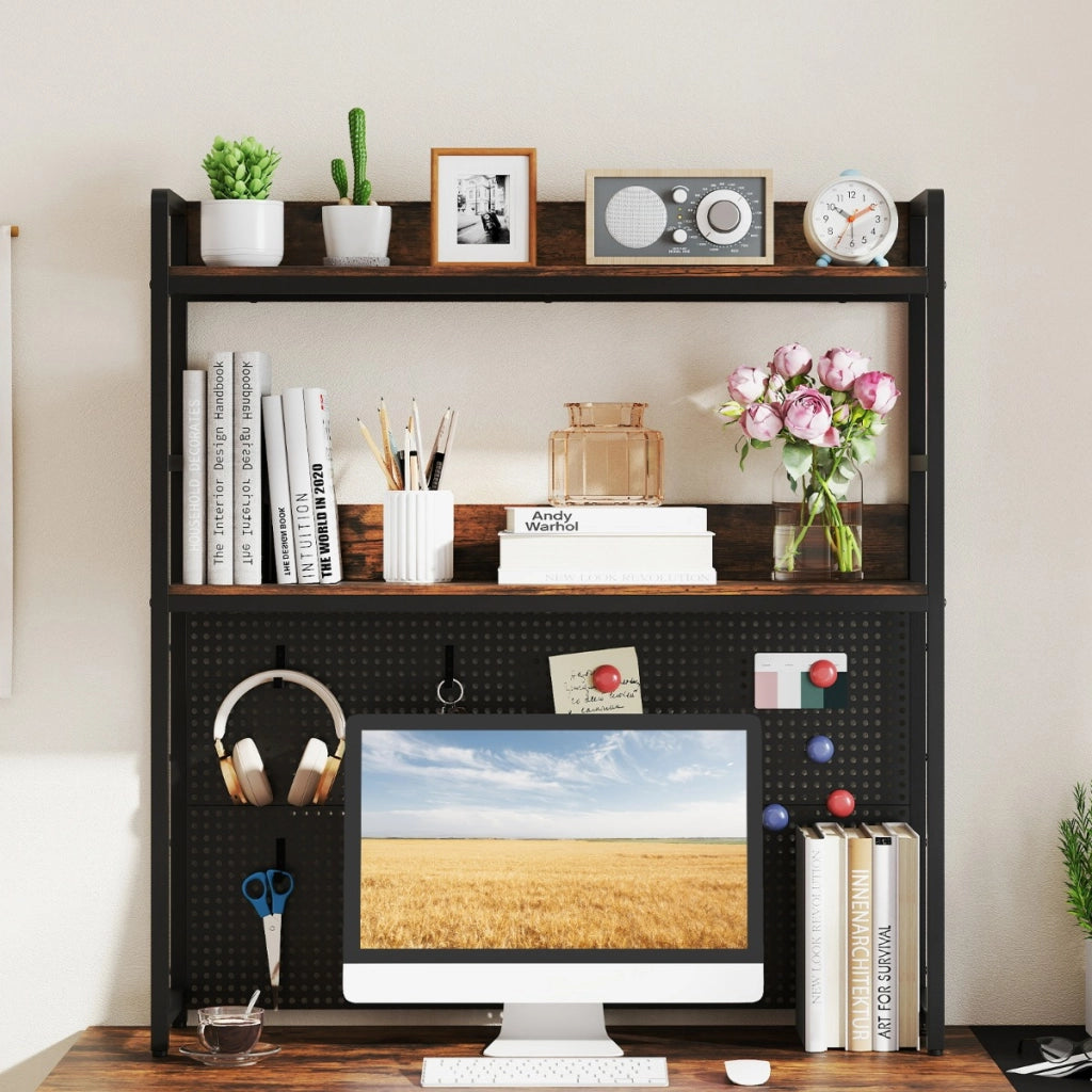 Organizzatore di stoccaggio per monitor di computer fino a 32", Mensola da scrivania a 2 livelli con pegboard Marrone-Scaffali e librerie