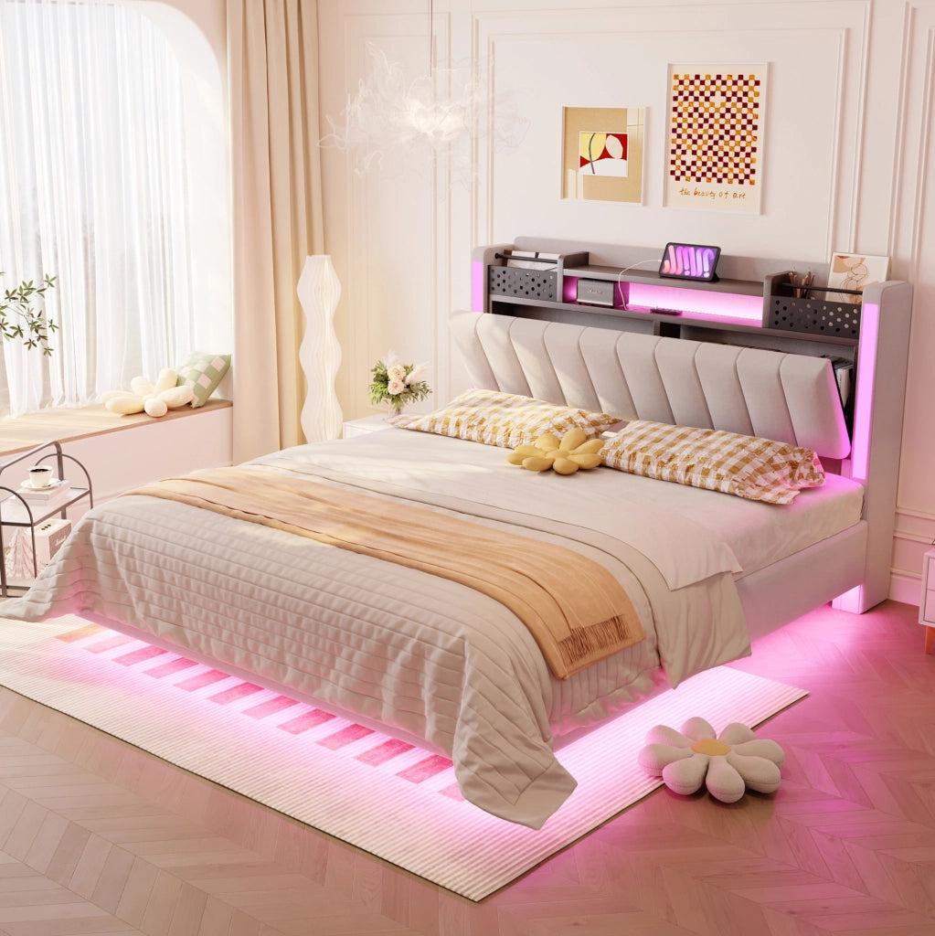 Letto imbottito 140x200 cm beige con LED, USB e contenitore
