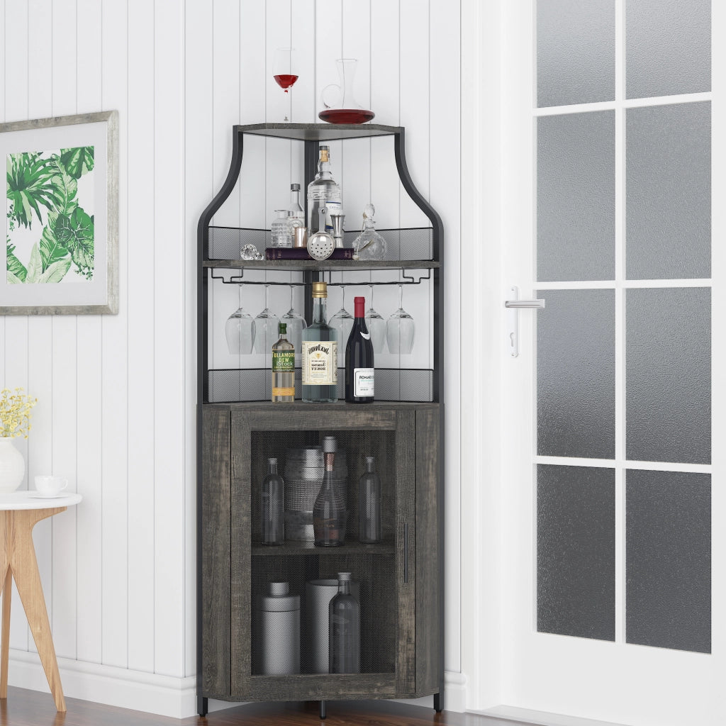 Mobile Bar Angolare Portabottiglie Marrone Bruciato in Metallo e MDF, 154cm