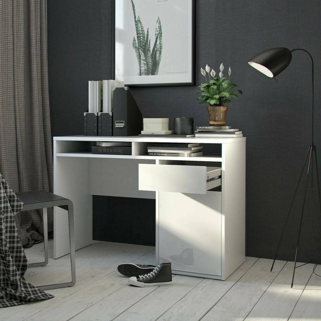 Scrivania Abbadu, Scrittoio multiuso, Tavolo per ufficio porta PC, Piano di lavoro, 110x48 h77 cm, Bianco lucido