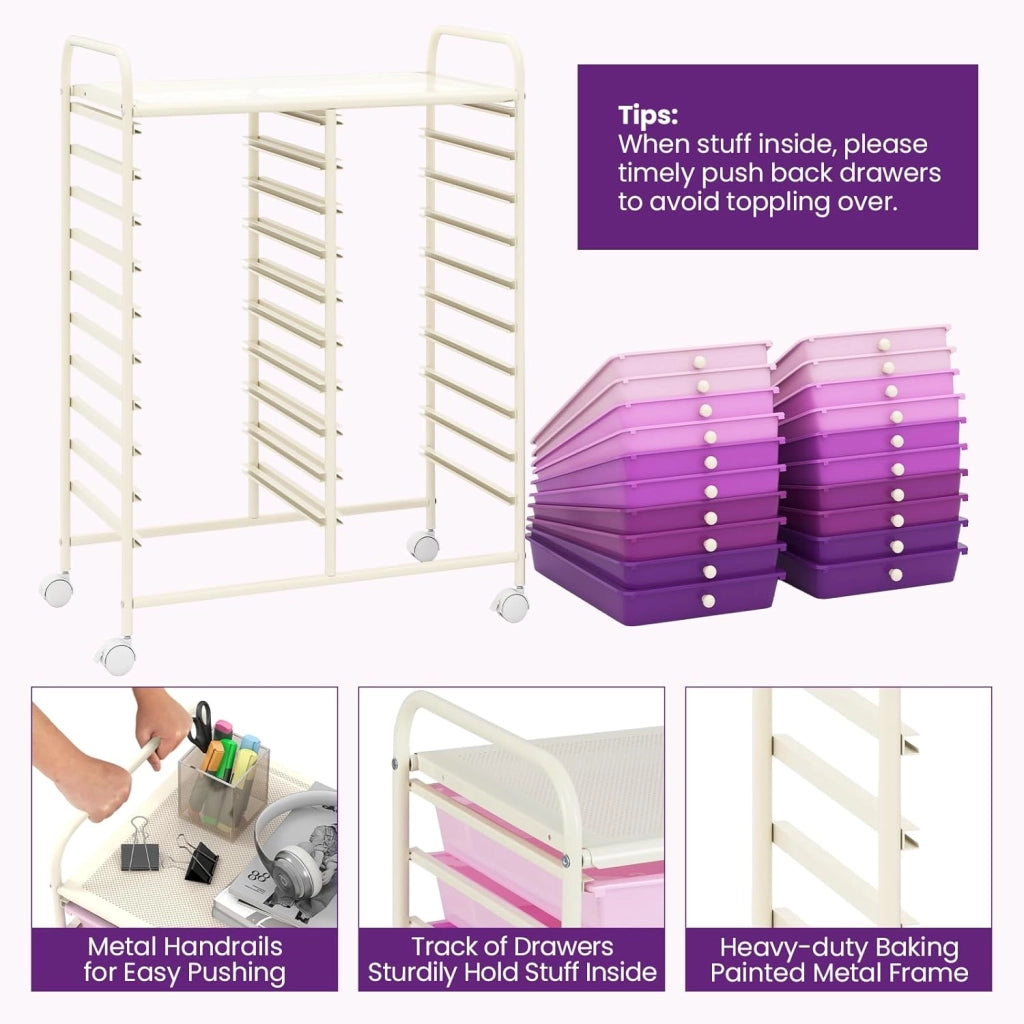 Carrello con 20 cassetti, impilabile, carrello per cassetti, da cucina, con ruote bloccabili, carrello per cucina, bagno, ufficio, 64 x 39 x 88 cm (viola)