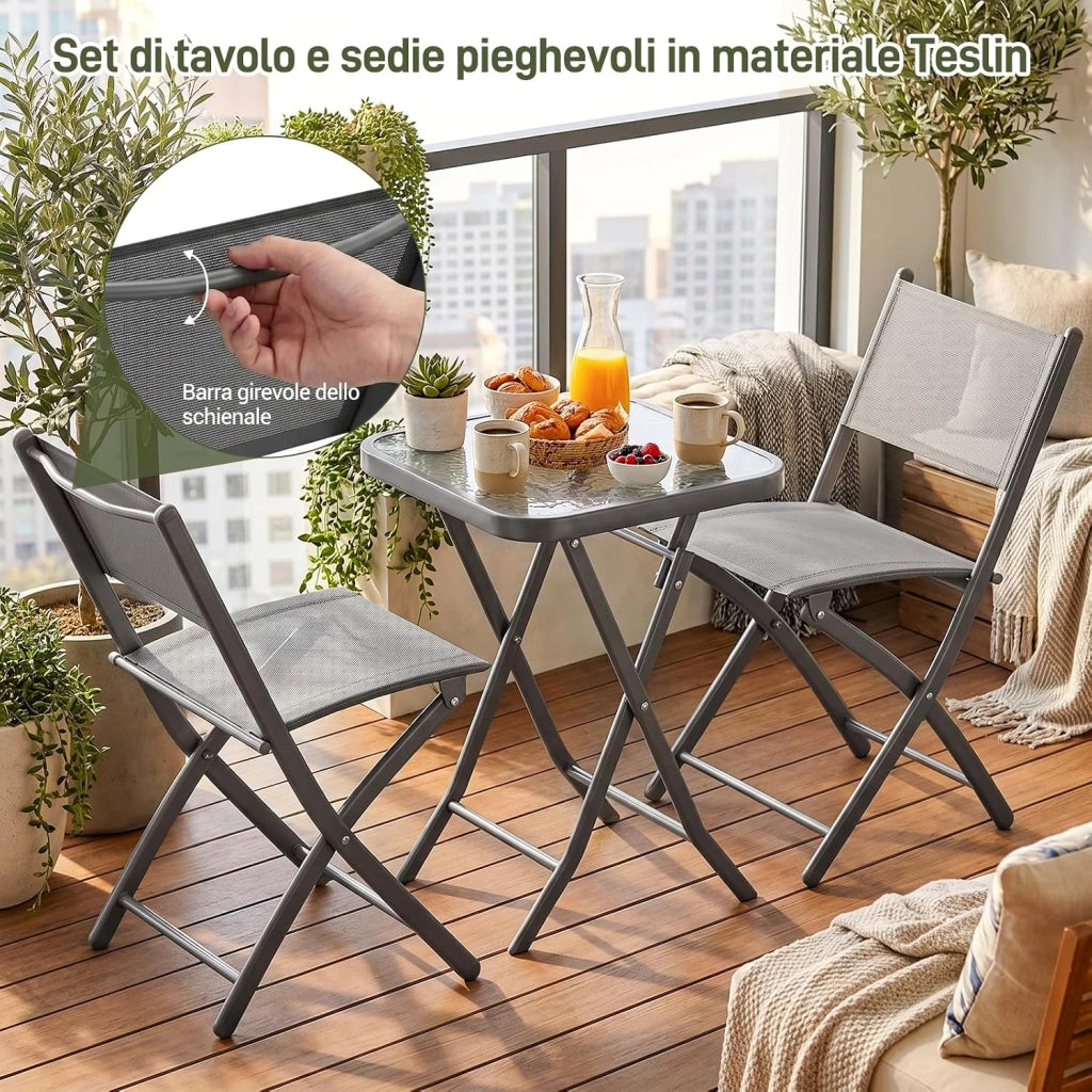 Set da Bistrot 3 Pezzi, Set Mobili Pieghevoli Include 1 Tavolo e 2 Sedie, Resistente alle Intemperie e Traspirante, per Piccoli Balconi e Giardini, Grigio