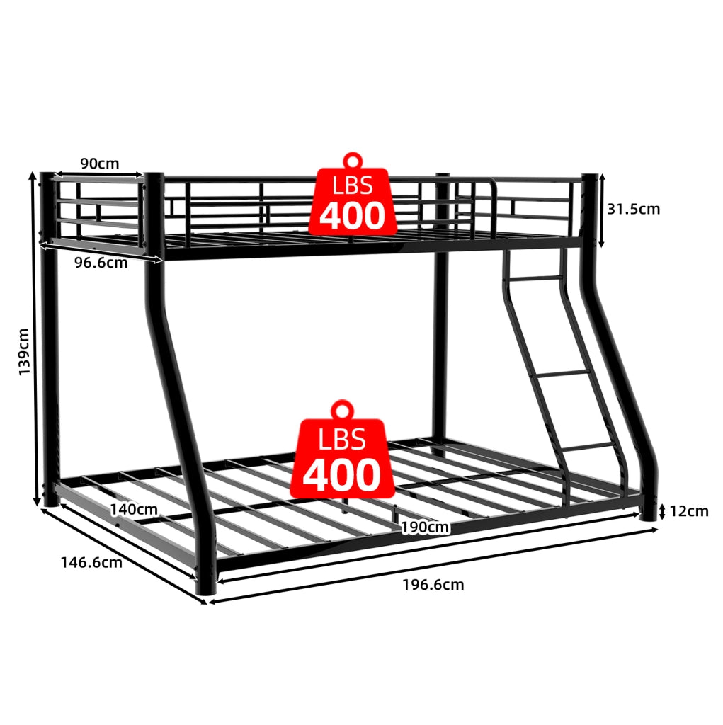 Letto a castello 90x190 cm e 140x190 cm con scala e sbarre di sicurezza in ferro nero