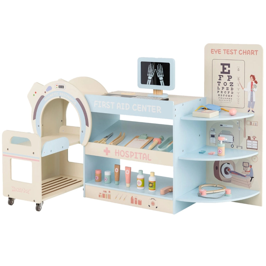 Set gioco dottore per bambini kit ospedale in legno per gioco di ruolo con cartello per vista, Gioco per bambini 3+ anni Blu