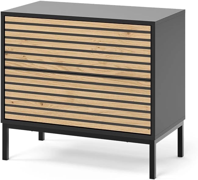 Comodino camera da letto Eliza, Nero/quercia, 66 x 60 cm con 2 cassetti