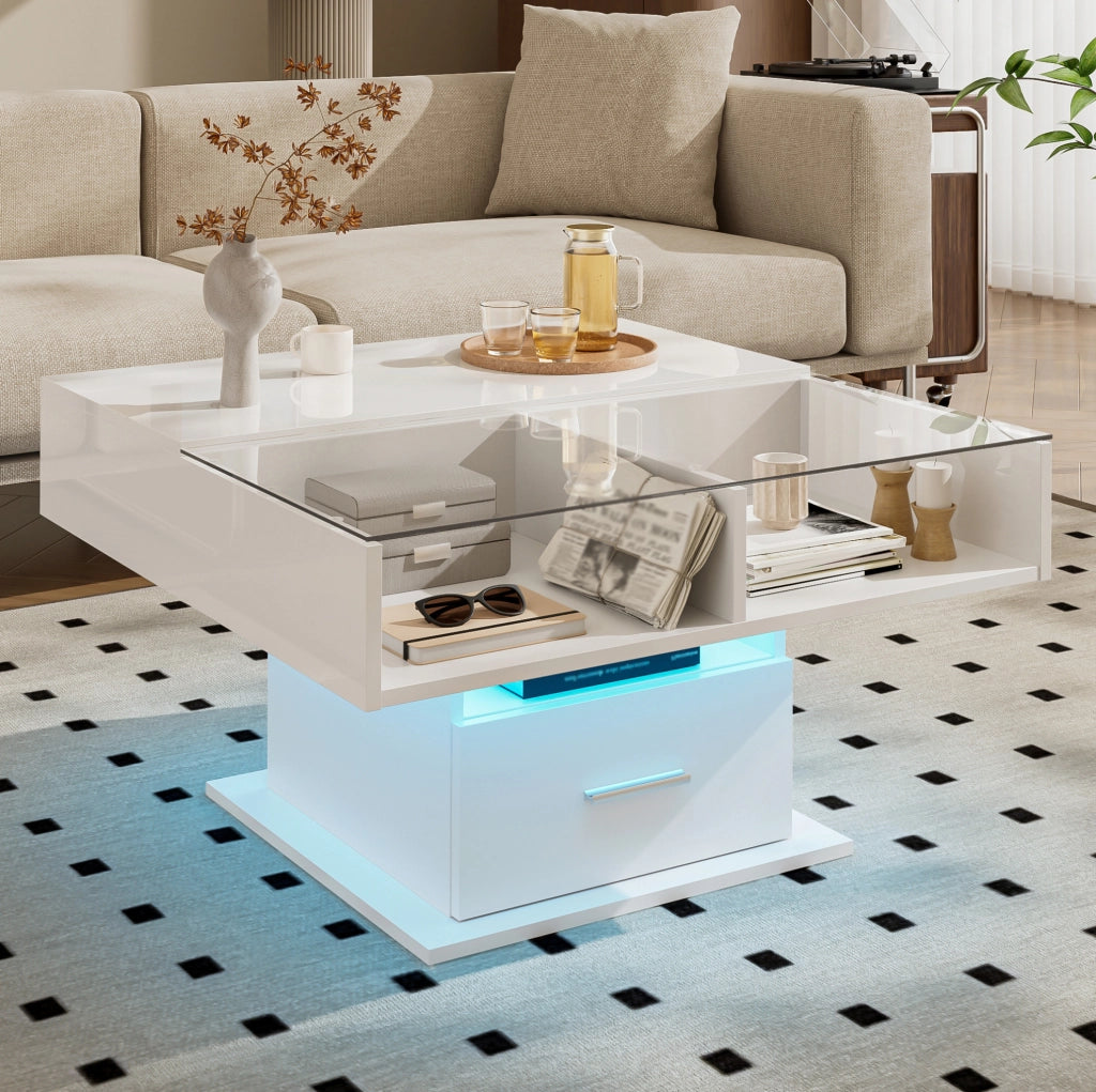 Tavolino da caffè elevabile LED bianco con contenitore, 78×78 cm
