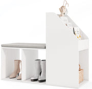 Panca Scarpiera con Cuscino Rimovibile e Scaffale 2 in 1, Scaffale Portaoggetti a 3 Cubi e 3 Ripiani per Libri, Panca per Scarpe da Ingresso e Soggiorno, 97 x 40 x 79 cm, Bianco