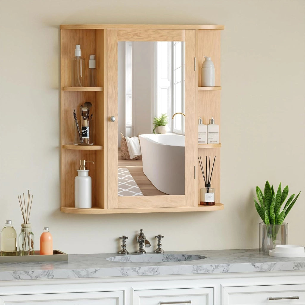 Armadietto Bagno a Parete, Mobiletto Pensile in Legno con Ante di Specchio, 6 Scomparti Laterali e 4 Ripiani di Stoccaggio, 3 Colori Disponibili, 65x17x64cm (Naturale)