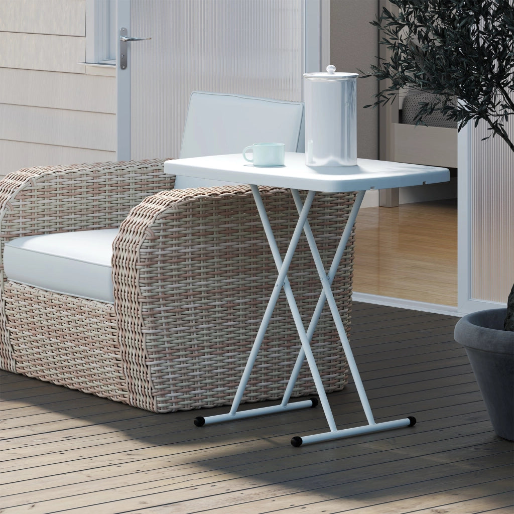 Tavolino da Giardino Pieghevole 76x50x74 cm con Altezza Regolabile in Metallo e HDPE Bianco