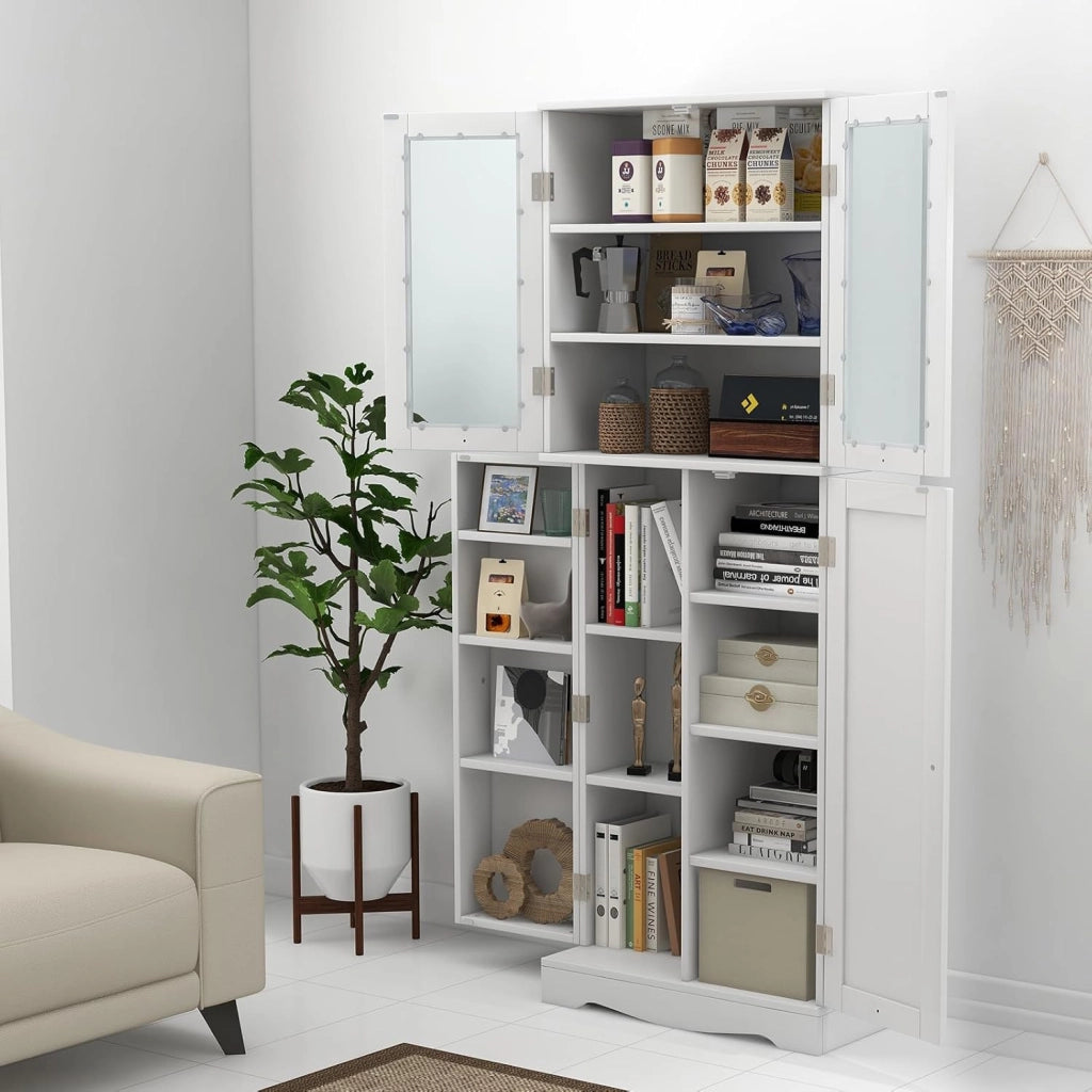 Armadio alto dispensa da cucina, mobile credenza indipendente con due ante in vetro temperato, per sala da pranzo, soggiorno, 60 x 31,5 x 161,5 cm (bianco)
