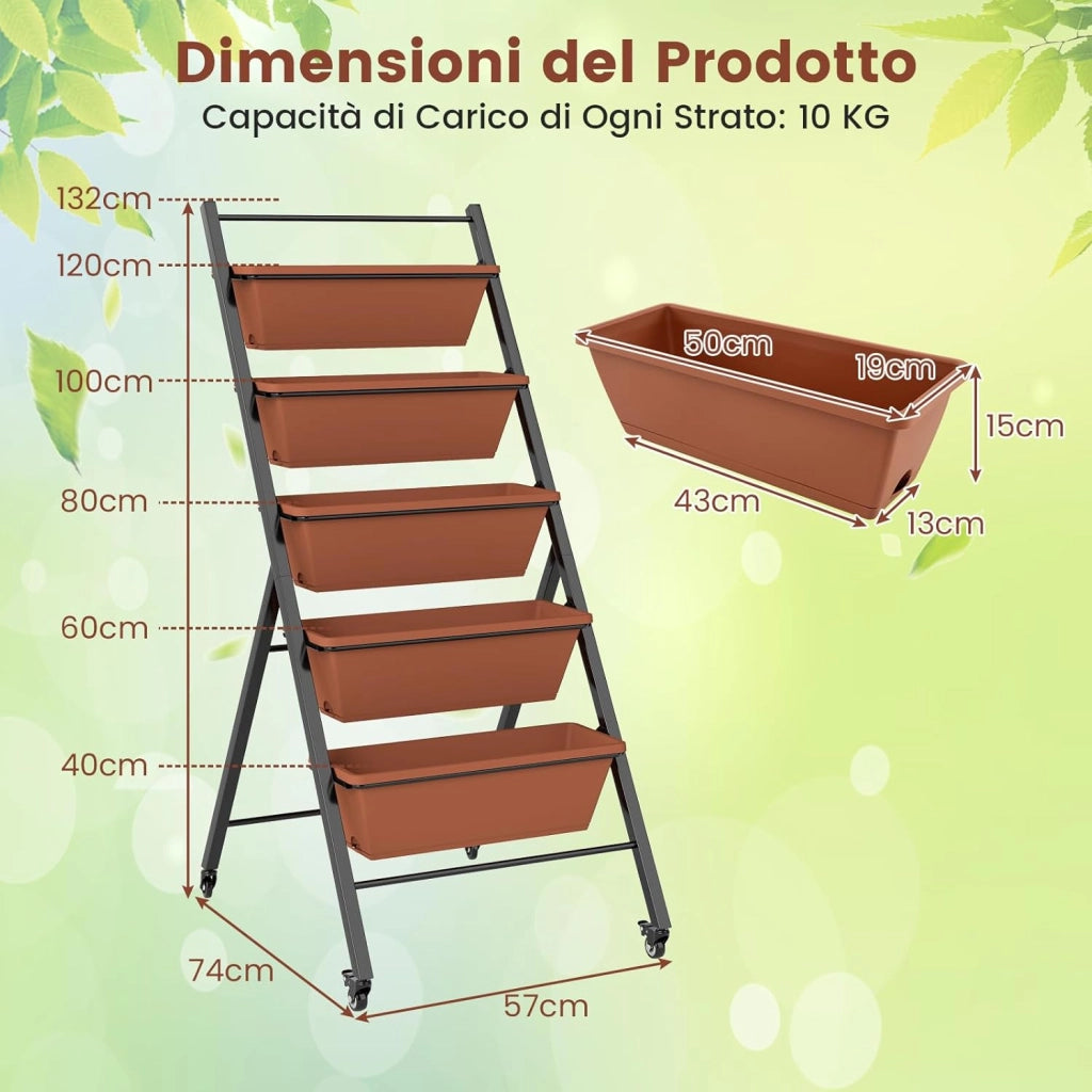 Letto da Giardino a 5 Livelli con 5 Contenitori per Piante, Drenaggio dell'Acqua e Ruote, Fioriere Rialzate in Metallo e PP per Verdure, Fiori ed Erbe, da Patio, Terrazzo e Balcone