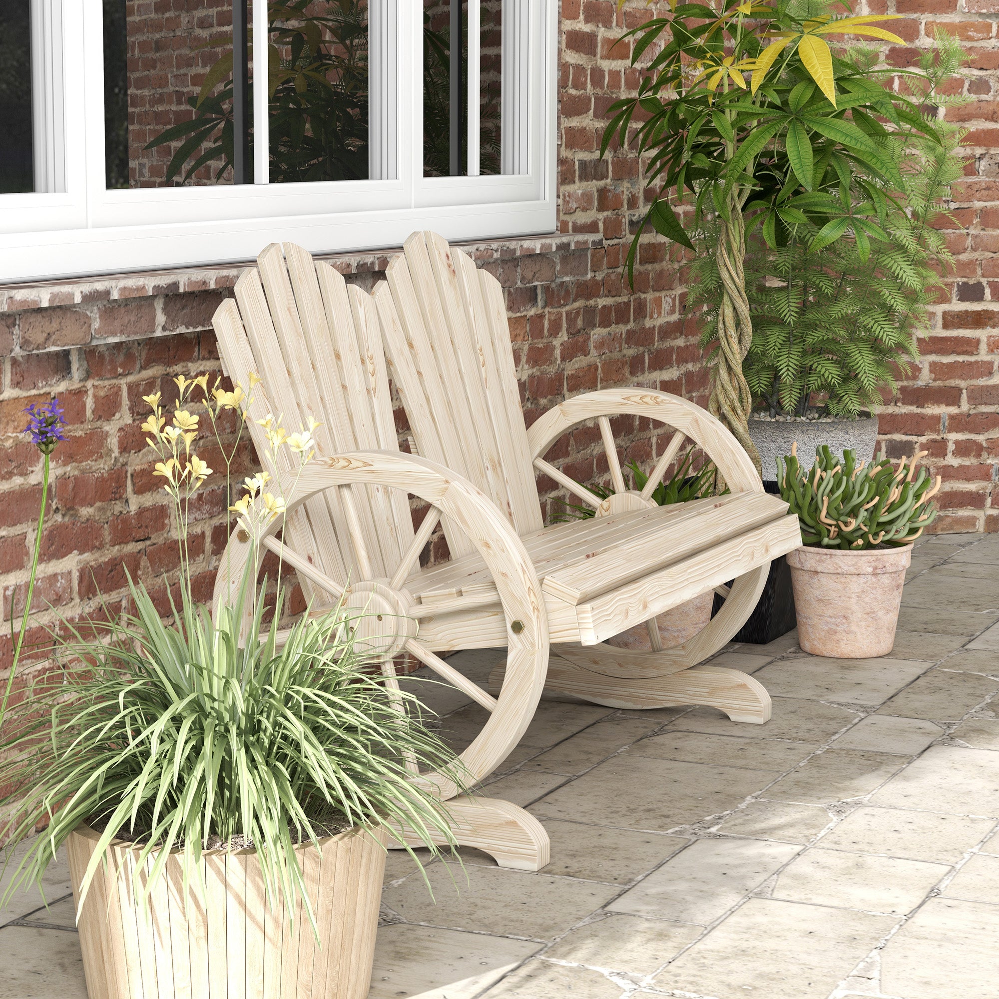 Panchina da Giardino 108x66x95 cm Stile Country con Braccioli a Ruota in Legno Naturale
