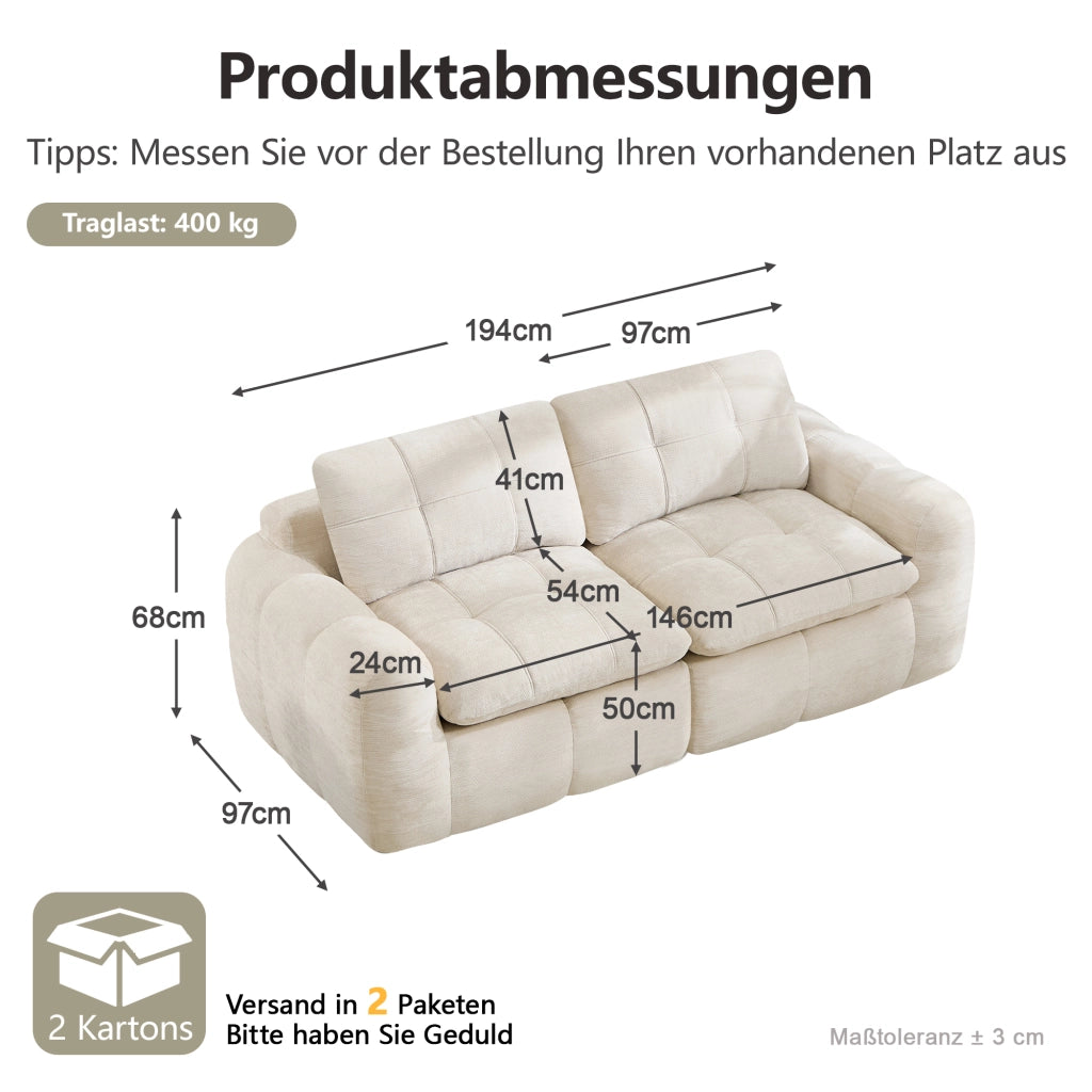 Divano modulare 2 posti con cuciture trapuntate e seduta profonda in chenille beige