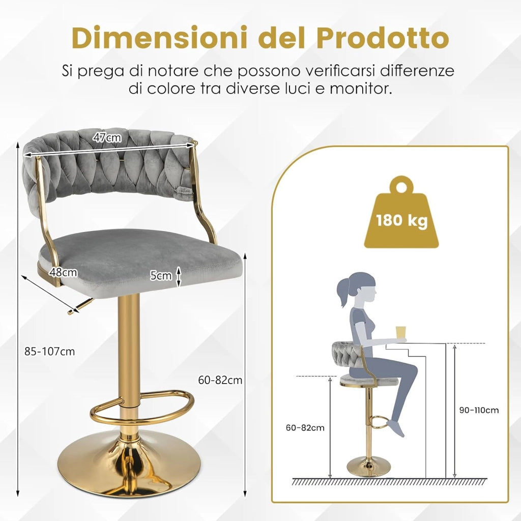 2 Sgabelli da Cucina, Sgabelli Girevoli e Regolabili in Altezza con Poggiapiedi, Sgabelli Alti Rivestiti in Velluto con Schienale Intrecciato per Bar, Cucina e Caffetteria (Grigio)