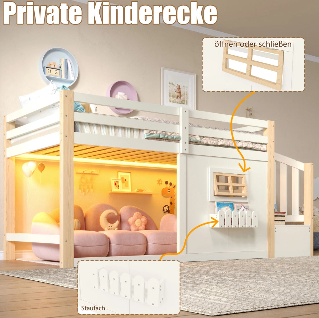 Letto a castello singolo 90x200 cm in legno di pino e MDF; con finestra; scala contenitore e LED; bianco