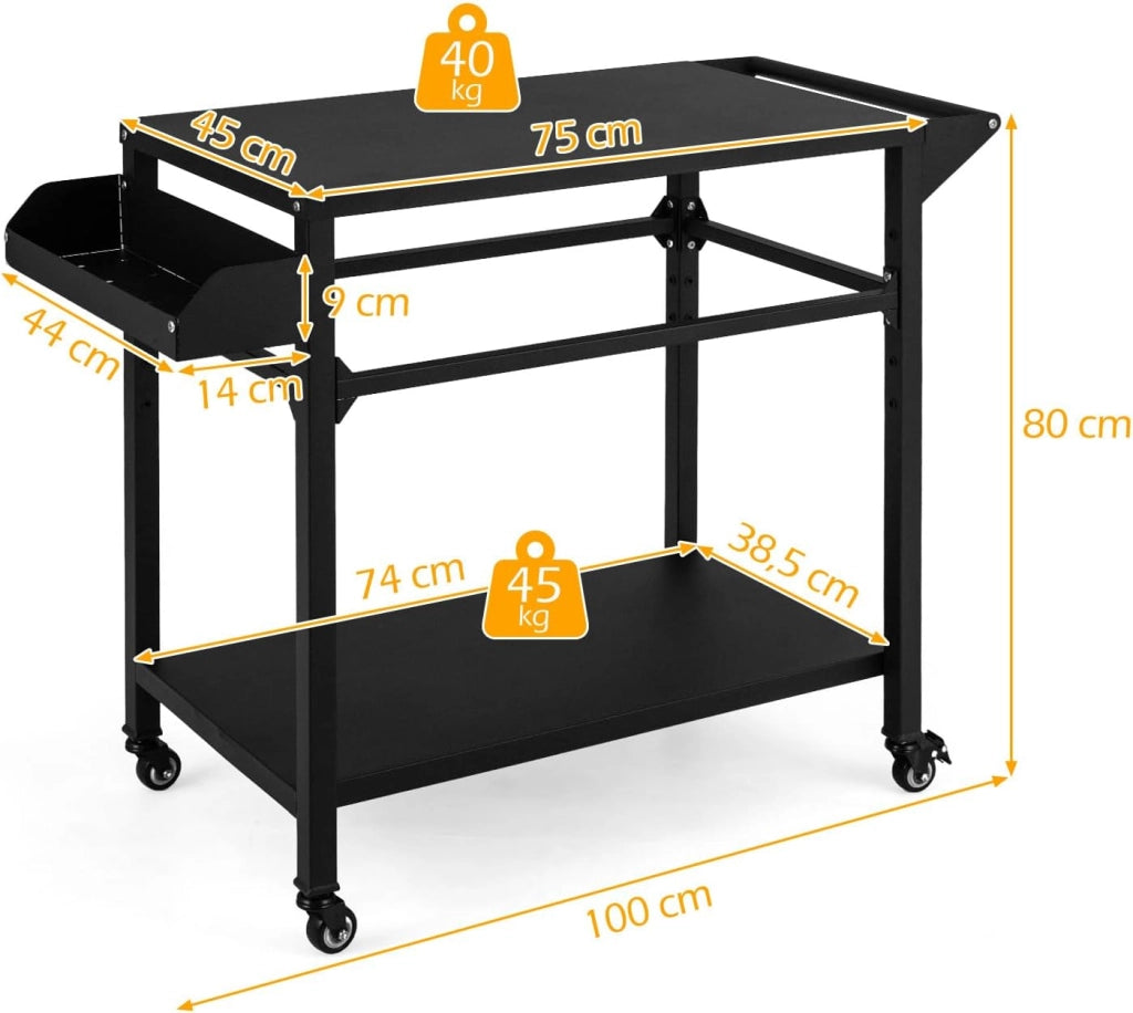 Carrello per Barbecue a 2 livelli, Carrello da Giardino con Porta Asciugamani e Scaffale per Spezie, Desserte da Esterno, 4 Rotelle, per Giardino e Terrazza, 100 x 45 x 80 cm, Nero