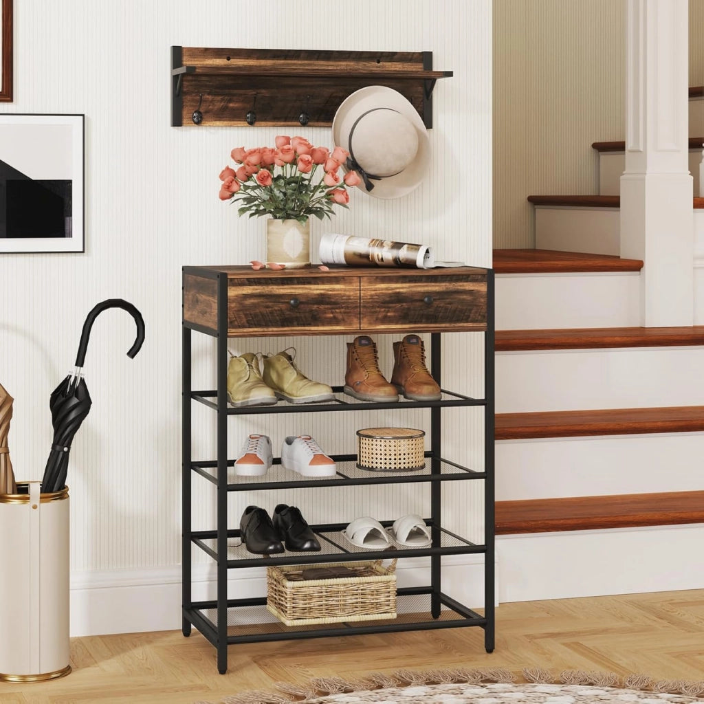 Set Appendiabiti con Scarpiera, Scarpiera a 5 Ripiani con Appendiabiti da Muro, Organizzatore per Scarpe con Ganci Cassetti e Mensole, per Ingresso Camera da Letto