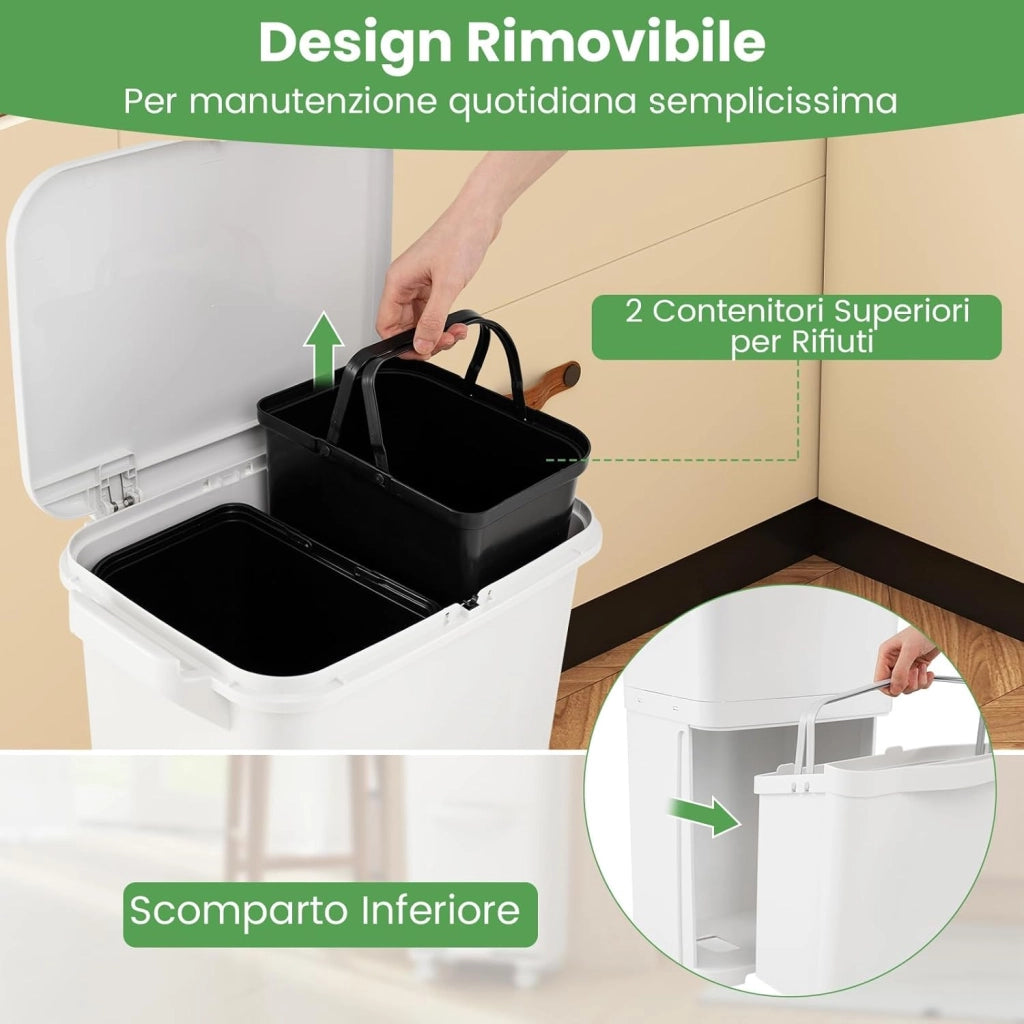 40L Pattumiera Differenziata a 3 Scomparti, Bidone per Spazzatura con Cestino Rimovibile e 4 Ruote, Secchio Rifiuti a Pedale per Cucina Sala da Pranzo Soggiorno (Bianco)