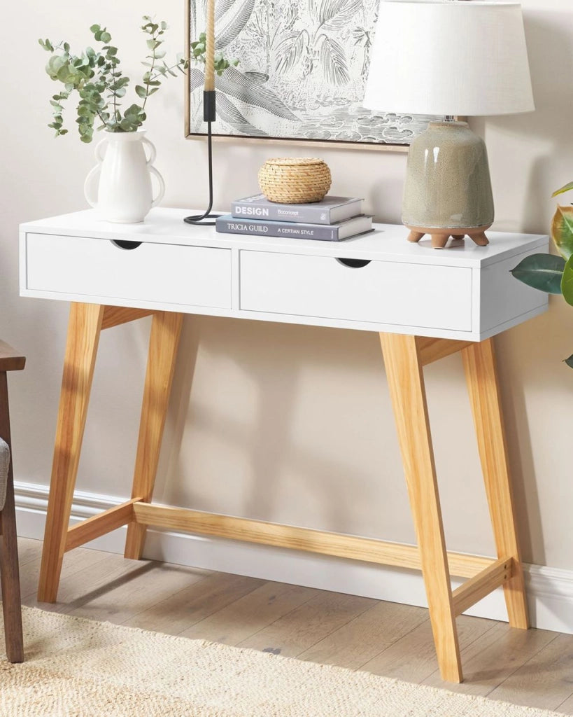 Tavolo Consolle Bianco Gambe legno MDF chiaro 101 x 36 x 78 cm 2 Cassetti Mobili soggiorno corridoio Stile scandinavo