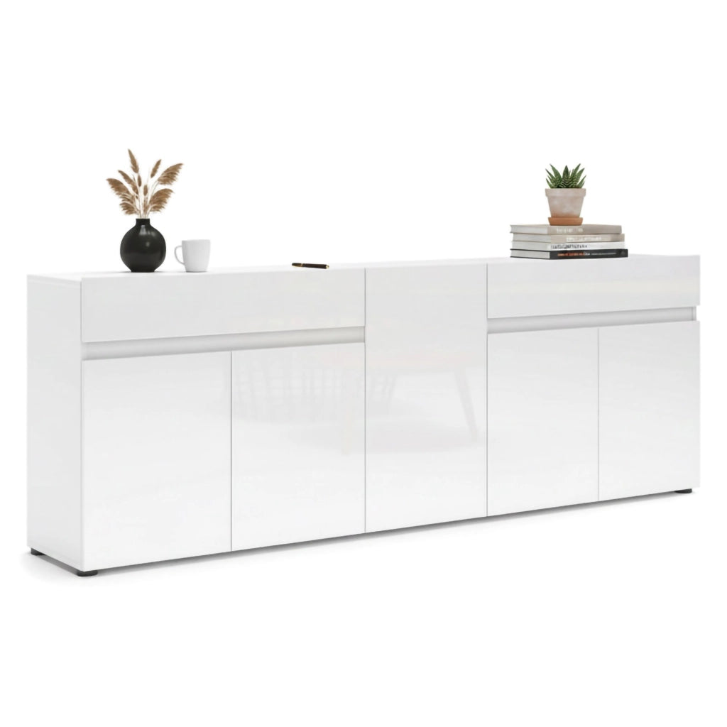 Credenza Elenia, Buffet da soggiorno, Madia da salotto, Dispensa da cucina, Made in Italy, 225x38h79 cm, Bianco lucido
