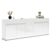 Credenza Elenia, Buffet da soggiorno, Madia da salotto, Dispensa da cucina, Made in Italy, 225x38h79 cm, Bianco lucido
