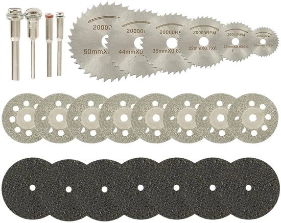 Set di lame circolari miniature adatto per accessori Dremel, dischi abrasivi, dischi di rifacimento e strumenti metallici rotanti (set da 32 pezzi)