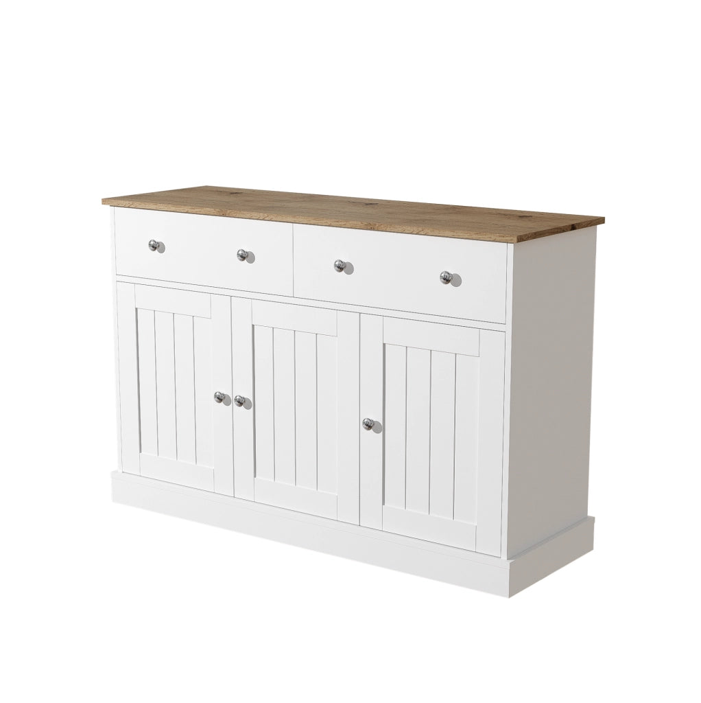 Sideboard 120x36x80.5 cm con 3 ante e 2 cassetti; pannello truciolare bianco e legno
