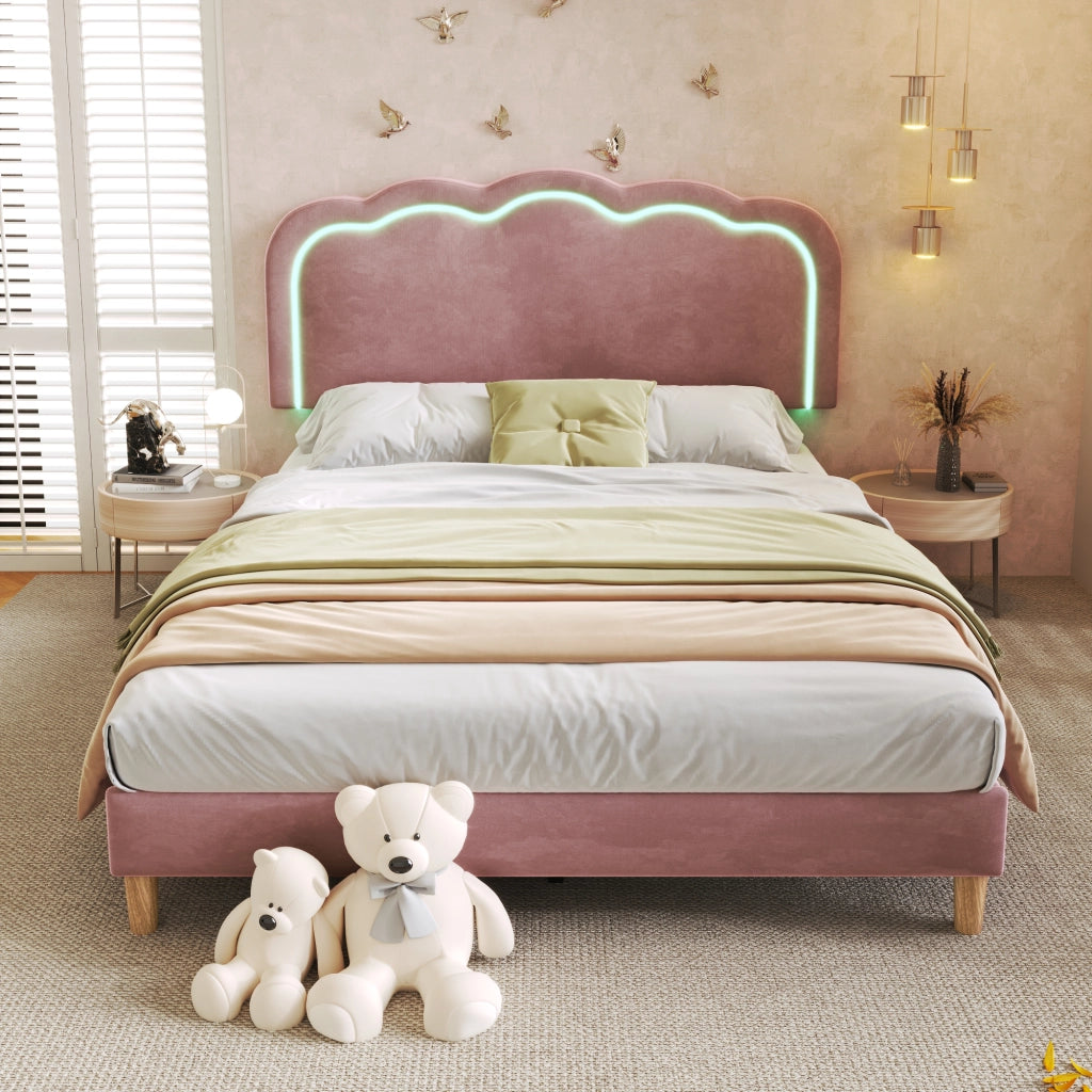 Letto matrimoniale LED – 140x200 cm – testiera regolabile rete – velluto rosa