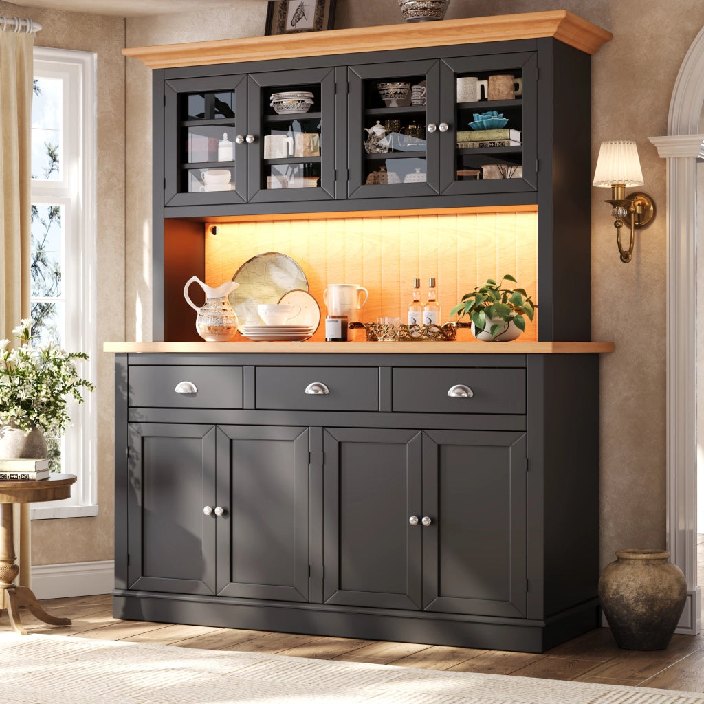 Credenza alta vetrina LED con anta in vetro e ripiani regolabili; per sala da pranzo; nero; 140 × 40 × 180 cm