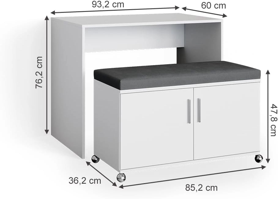 Scrivania con ruote Flona, Bianco, 93.2 cm, posizionabile in modo flessibile su ruote e allungabile