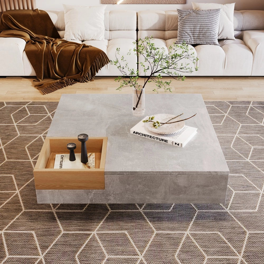 Tavolino da Caff¨¨ con Contenitore ¨C MINIMAL ¨C Effetto Cemento e Legno, 72x72x30 cm